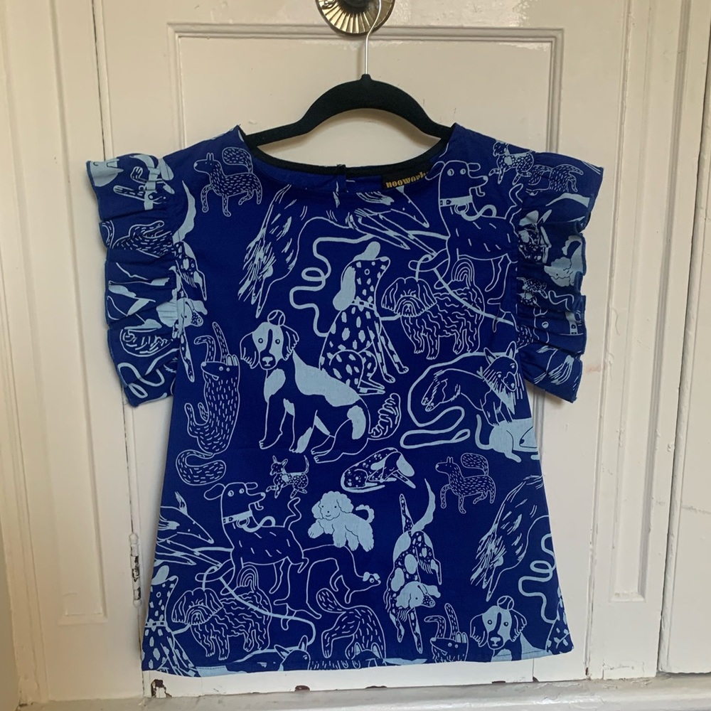 NWT Nooworks Dogs Ruffle Top Sz S -Discontinued